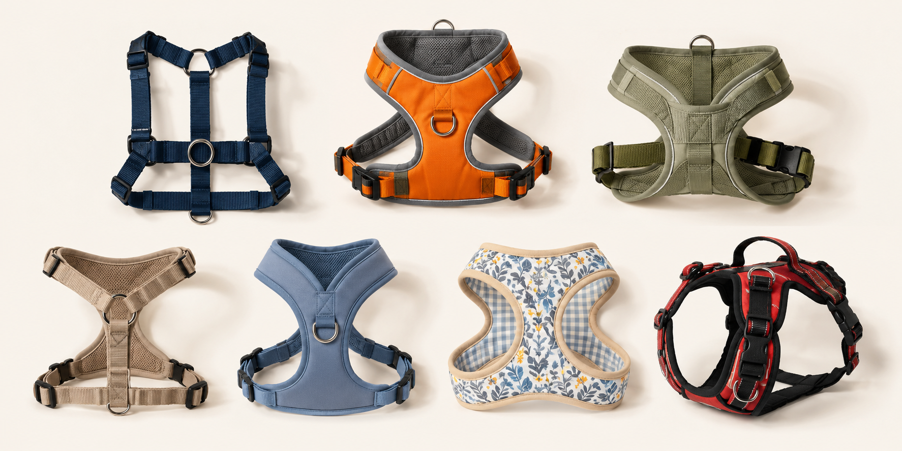 A display of various types of dog harnesses